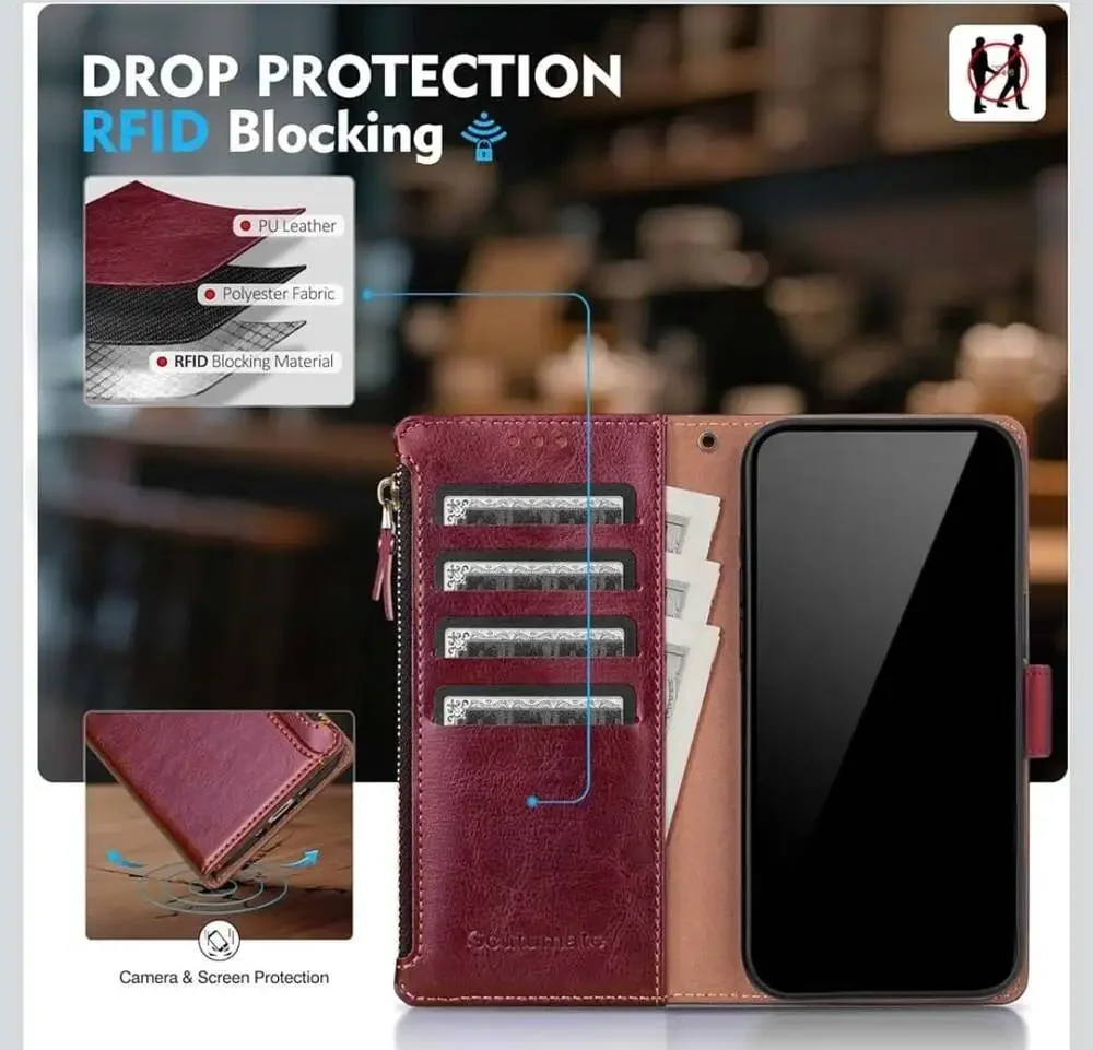 Scutumate RFID Blocking PU Leather Zipper Wallet Case with Card Slots and Wristl